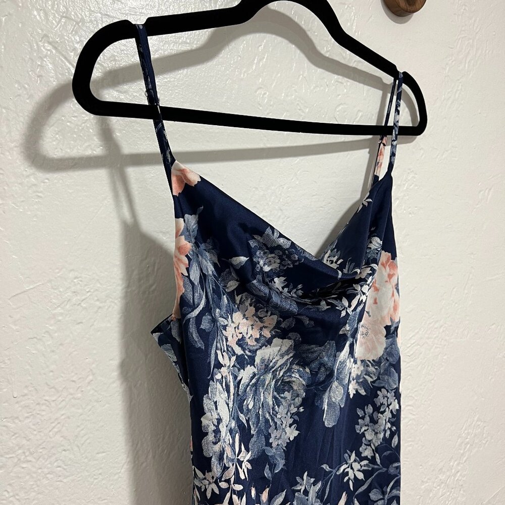 Hello Molly Cowl Neck Satin Blue Floral Dress - Medium